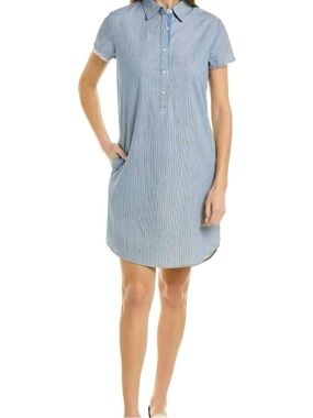 J. McLaughlin Arissa Pinstripe Fray Blue Cotton Shirt Dress Medium Blue & White